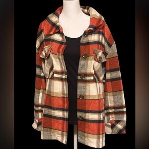 Kensie Plaid Utility Jacket - Red, Black, Cream